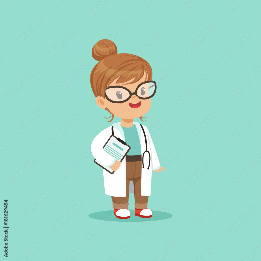 Poster cartoon character of little baby girl in medical white coat with clipboard in hand and stethoscope a