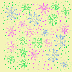 Snowflakes pattern, winter theme. Hand drawn.