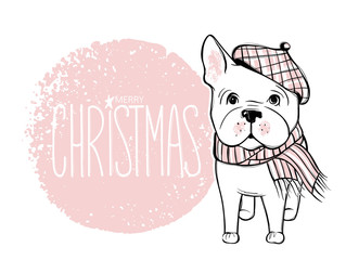 Merry Christmas illustration with funny dog. Hand drawn vector f