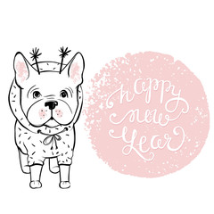 Merry Christmas illustration with funny dog. Hand drawn vector f