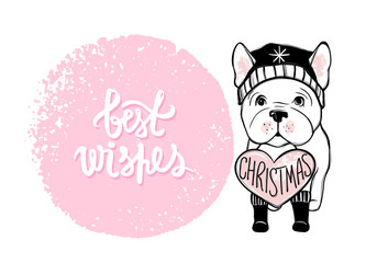 Merry Christmas illustration with funny dog. Hand drawn vector f