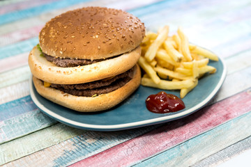 Cheese burger - American cheese burger with Golden French fries