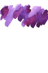 Purple bright watercolor hand drawn paper texture stain on white background for text design, banner.