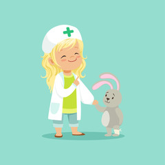 Adorable baby girl doctor holding by hand her bunny patient with sick leg. Flat cartoon character of child in medical gown and hat