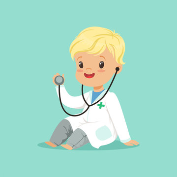 Cheerful Toddler Boy In White Medical Gown Playing Doctor Role With Stethoscope. Flat Design Vector Illustration