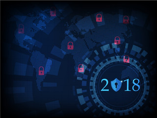  Happy New Year 2018 .Cyber security concept: Shield With Keyhole icon on digital data background. Ransomware alert, technology ,cyber secueity,cybercrime.