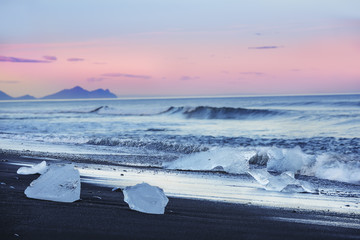 Coast of the Atlantic Ocean. The ice floe on a black sandy beach  at sunset.  Iceland.
