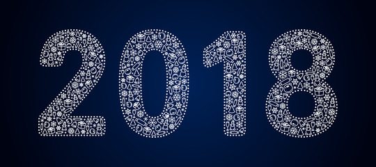 Fototapeta na wymiar Ажурные белые зимние цифры 2018 (две тысячи восемнадцать), заполненные узором на новогоднюю тему, на темно-синем фоне. Векторная иллюстрация.