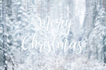 Naklejka na ściany i meble Merry Christmas card with winter landscape.