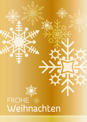 Weihnachtskarte mit Schneeflocken auf leuchtendem Gold