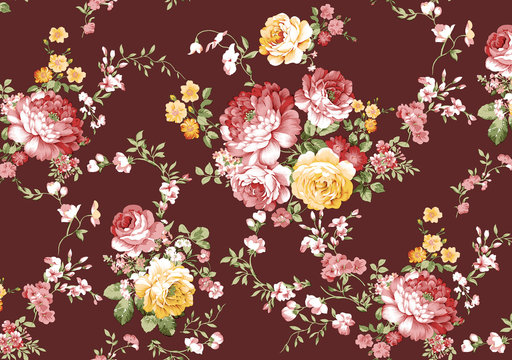Beautiful rose flower pattern, little flower bouquet vintage with red ground