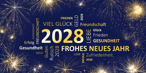 Neujahrsgruß 2028 blau gold mit guten wünschen