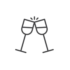 Glasses of champagne clinking line icon, outline vector sign, linear style pictogram isolated on white. Pair of champagne glass cheers symbol, logo illustration. Editable stroke