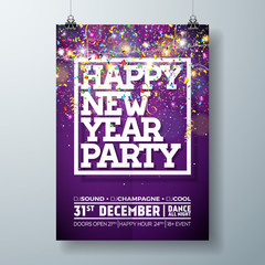 New Year Party Celebration Poster Template Illustration with Typography Design and Falling Confetti on Shiny Colorful Background. Vector Holiday Premium Invitation Flyer or Promo Banner.