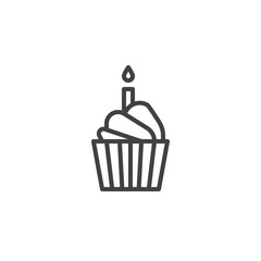 Birthday cake line icon, outline vector sign, linear style pictogram isolated on white. Cupcake with burning candle symbol, logo illustration. Editable stroke