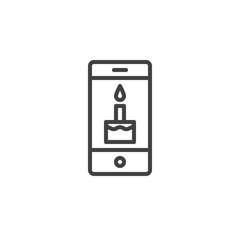 Smartphone with birthday cake on display line icon, outline vector sign, linear style pictogram isolated on white. Symbol, logo illustration. Editable stroke