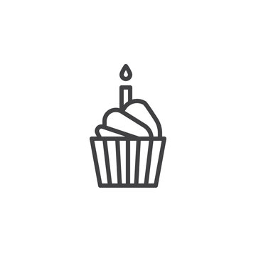 Birthday Cake Line Icon, Outline Vector Sign, Linear Style Pictogram Isolated On White. Cupcake With Burning Candle Symbol, Logo Illustration. Editable Stroke