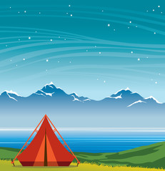 Tent, sea, night sky, mountains