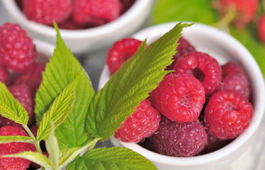closeup on fresh raspberries in little bowls with leaf