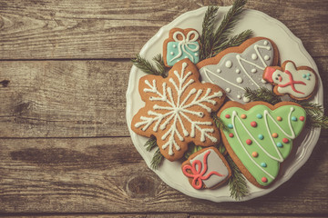 Christmas cookies on rustic wood background