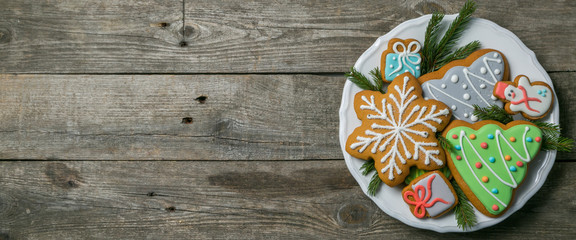 Christmas cookies on rustic wood background - Powered by Adobe