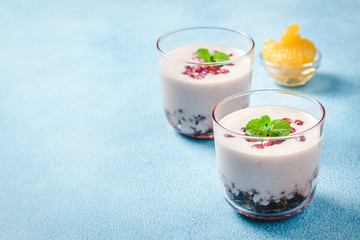 Overnight yogurt granola breakfast. Selective focus, copy space.
