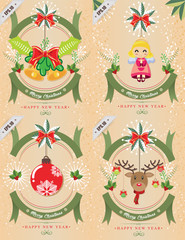 set of Merry Christmas and Happy New Year,christmas tree, snowman and tree under the snow,