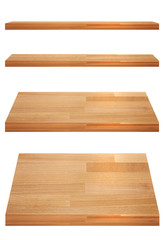 Seamless wooden shelf template set isolated on white background with clipping path. For decorated interior or montage of your product on shelf.