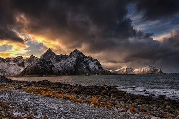 View towards Mt. Stortinden in Flakstad island, Lofoten