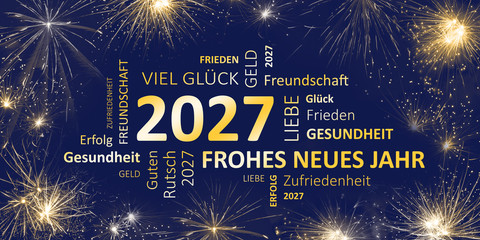 Neujahrsgruß 2027 blau gold mit guten wünschen