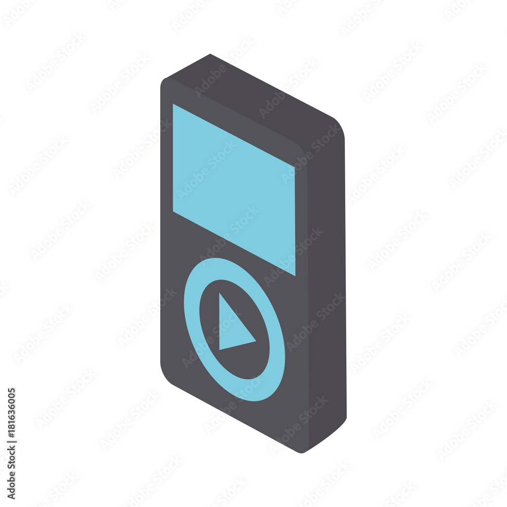 Poster isometric music player device with play button icon over white background colorful design vector ill