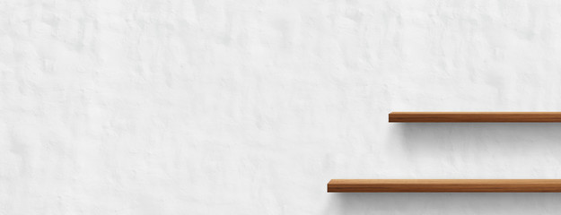 Wooden shelf isolated on white wall background. For decorated interior or montage of your product on shelf.