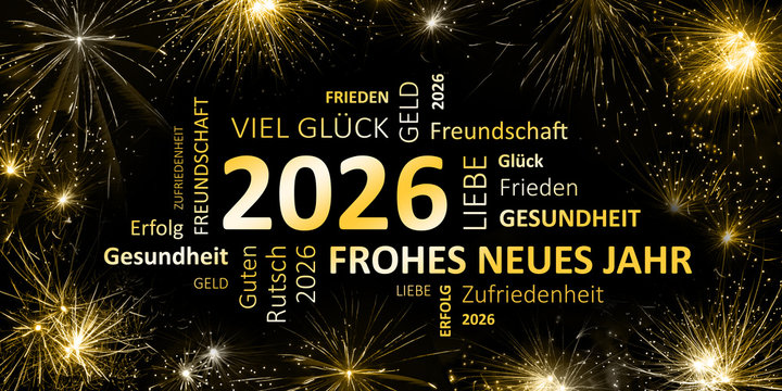 schwarz goldene Silvesterkarte mit Feuerwerk  Frohes neues Jahr 2026