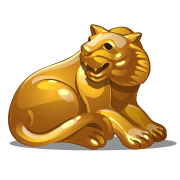 Golden figure of tiger. Chinese horoscope symbol. Calendar of 12 animals. Eastern astrology. Sculpture isolated on white background. Vector illustration