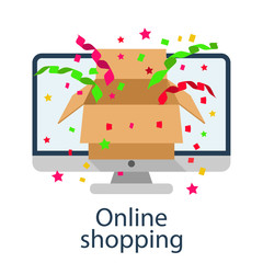 Online shopping concept. Vector illustration minimal design. Computer mouse connect to basket. Modern technology e-shopping. Purchases in internet. E-commerce. Gift in trolley.