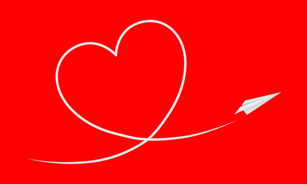 Papierflugzeug fliegt ein Kondesstreifen-Herz auf rotem Hintergrund / Vektor