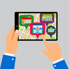 Hands holding tablet with restaurants map