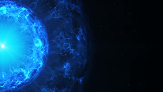 Blue plasma power ball with energy charges and free space. Computer generated sci-fi motion background. Seamless loop animation 4k (4096x2304)
