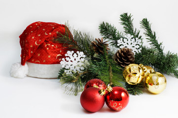 Christmas And New Year Holiday Table Setting with hat of Santa Claus. Celebration. Isolated white.
