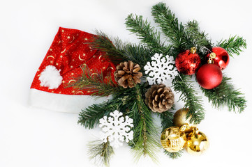 Christmas And New Year Holiday Table Setting with hat of Santa Claus. Celebration. Isolated white.