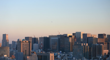 Fototapeta na wymiar 日本の東京都市景観・高層ビル群と飛行機（大手町などの高層ビル群などを望む）