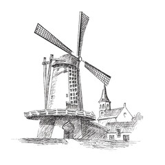 Vector graphic illustration of a mill with houses