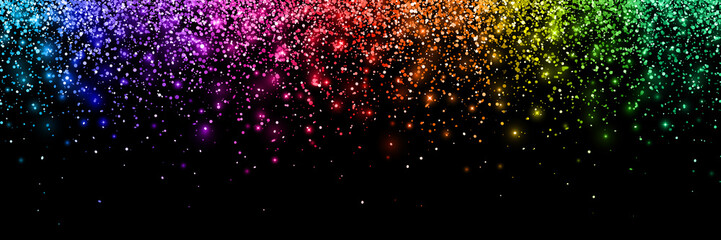 Colorful glittering confetti, wide horizontal orientation. Vector