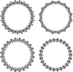 Set of four round vintage frames with floral elements and hearts for your design. Vector illustration.