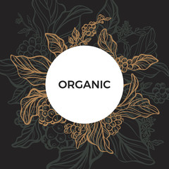 Template. Coffee branch with leaves and coffee beans. Retro style. Vector