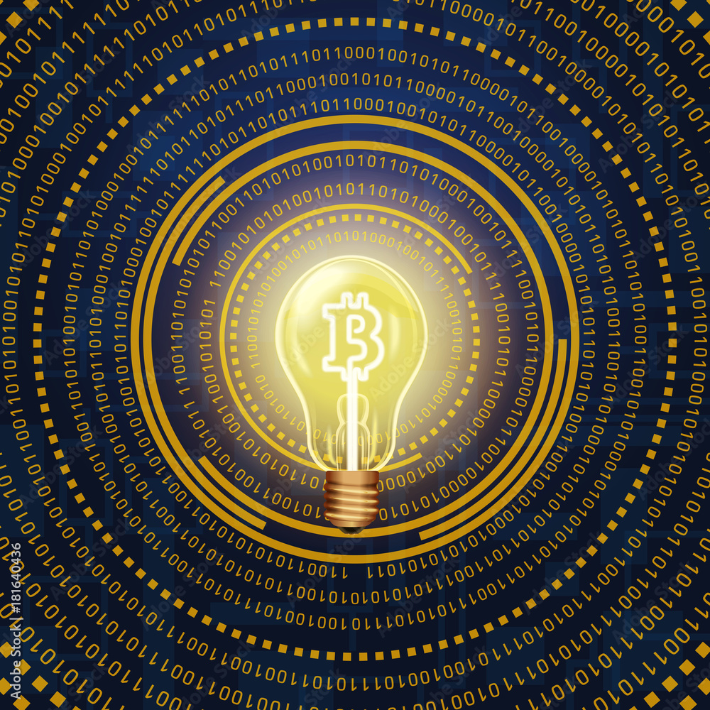 Poster vector illustration of bitcoin cryptocurrency high technology abstract concept emblem on lighting bu