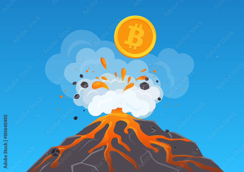 Poster vector illustration of bitcoin cryptocurrency convulsing out of volcano with lava. bitcoun growing f