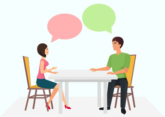 Fototapeta na wymiar Young man and woman are sitting at the table and have conversation. Male female talking dialogue chats. Vector illustration