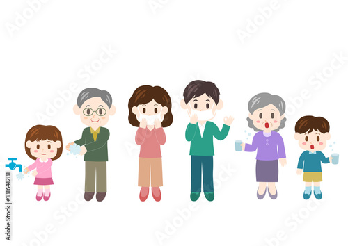 家族 風邪予防 うがい マスク 手洗い イラスト Wall Mural Osame