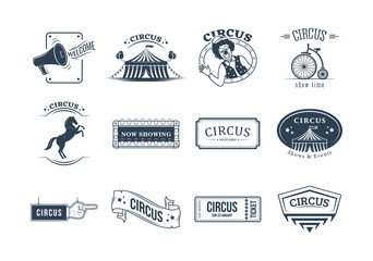 Set of circus and carnival labels, tags, stickers, posters, signage.